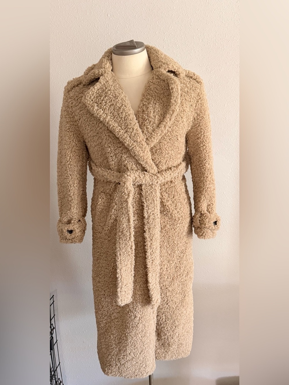PrettyLittleThing Beige Teddy Wrap Coat with Belt Size 0